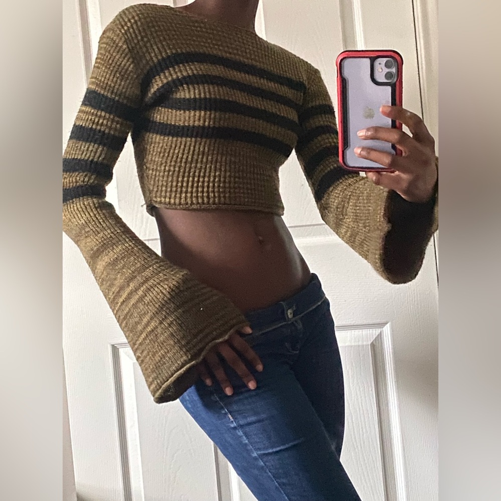 Green and black striped knit bell sleeve crop top, soft knitwear